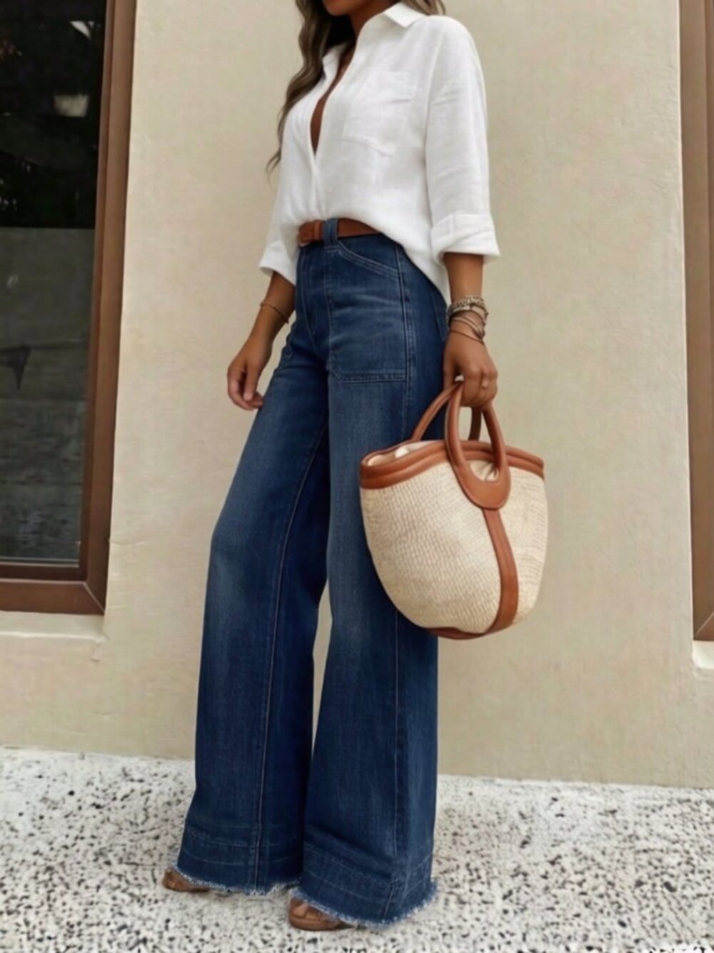 Dark Wash Women's Casual Loose Fit Wide Leg Denim Pants - Picture 4 of 5